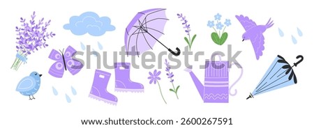Spring Collection with Rubber Boots, Umbrella, Lavender Flowers and Butterflies in Flat Style. Cute garden accessories for spring and summer