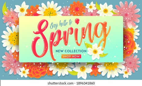 Spring collection Sale Banner. Floral card. Spring blossom. Happy Seasonal holiday. Spring Sale Poster, voucher discount. Fresh poster. New collection. Shop now. Say hello to Spring. Flower vector.