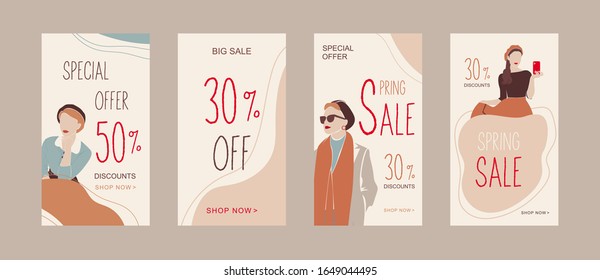 Spring Collection sale banners. Editable Stories vector template pack. Set of social media frames. Layout for business story (fashion, beauty, ets.): new arrival, new collection, sale, announcement.