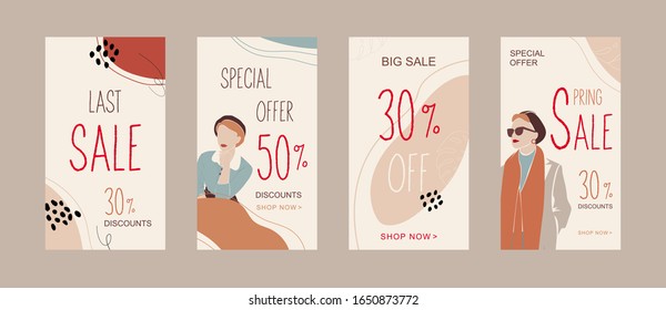Spring Collection sale banners. Editable Stories vector template pack. Set of social media frames. Layout for business story (fashion, beauty, ets.): new arrival, new collection, sale, announcement.