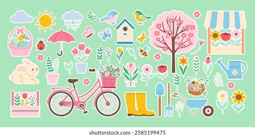 A spring collection of stickers with various items such as a bicycle, a birdhouse, and a bird