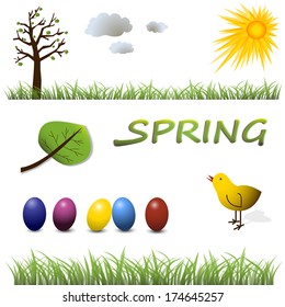 Spring collection of tree, grass, leave, eggs and bird illustration