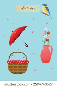 spring collection, umbrella, flower, basket and bird isolated with blue background