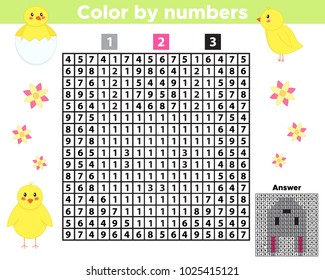 Spring color book or page for children, with numbered squares. Educational game with numbers. Easter bunny. Vector illustration.