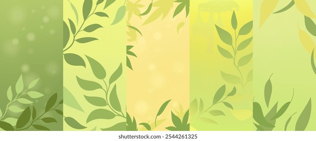 Spring color flyer set with blurred backgrounds and soft color gradients. Vector illustration with leaves and botanical concept