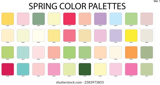 Spring Color Guide Palette. For interior design, graphic designer, branding, data visualization, fashion business, garments, seasonal color analysis, and paints companies.