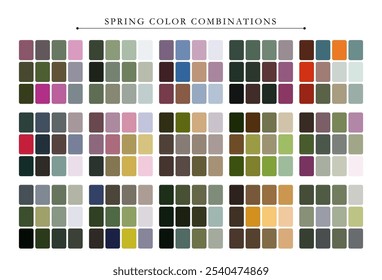 Spring color palette. Trend color palette guide template. Fit for fashion designers, business, and paints colors company. Match combinations. Vector graphics. Eps 10.