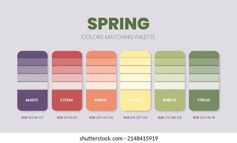 Spring color palettes or color schemes are trends combinations and palette guides this year, a table color shades in RGB or  HEX. A color swatch for a spring fashion, home, or interior design