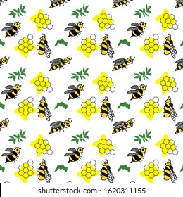 spring color seamless pattern bees, wasps, Bumble-bees, honeycomb. Black and yellow