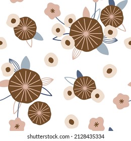 Spring colored background with vintage flowers, branches and leaves. Floral seamless pattern with botanical elements for wallpaper and apparel. Blooming vector flowers. Charming illustration