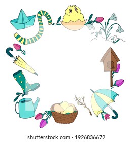spring colored doodle karinki - umbrella, chick, nest, boat, flowers, vector illustration - template in the form of a square frame