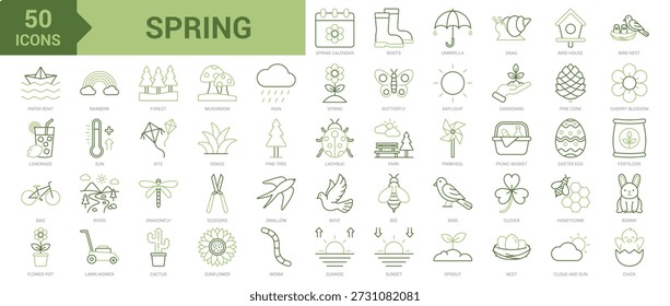 Frühlingsfarbenes Liniensymbol-Kollektionssatz. Enthaltend Frühlingskalender, Spross, Schmetterling, Schnecke, Vogelhaus, Vögel, Blüte, Pilz, regen, Gartenarbeit, Gras, Blume, Regenbogen, Wald, Sonnenaufgang Symbole
