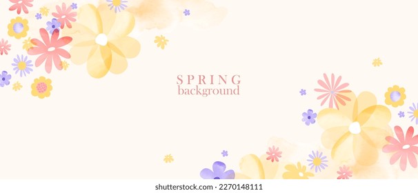 Spring colorful abstract background. Simple flowers with watercolor texture.