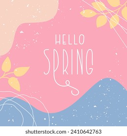 Spring Colorful Abstract Background. Summer Design Template. Square Composition Frame with Cute Vector Hand Lettering Hello Spring for Social Media.