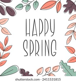 Spring Colorful Abstract Template. Summer Design Background. Square Composition Frame with Cute Vector Hand Lettering Happy Spring for Social Media.