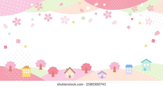 Spring colorful background with flying cherry blossoms, vector illustration