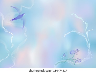 Spring colorful background with swallow and irises for your design