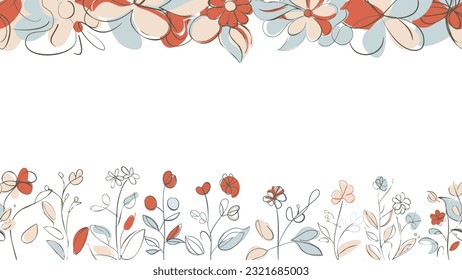 Spring Colorful botanical flat vector Horizontal illustration on white background. Banner floral backdrop decorated with gorgeous multicolored blooming flowers and leaves border.