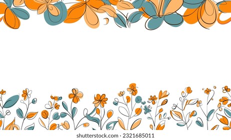 Spring Colorful botanical flat vector Horizontal illustration on white background. Banner floral backdrop decorated with gorgeous multicolored blooming flowers and leaves border.