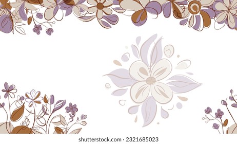 Spring Colorful botanical flat vector Horizontal illustration on white background. Banner floral backdrop decorated with gorgeous multicolored blooming flowers and leaves border.