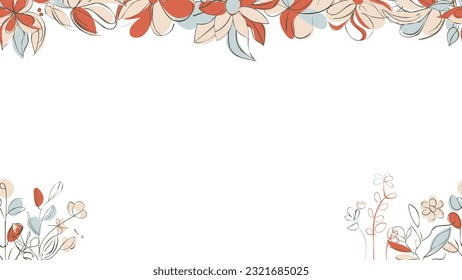 Spring Colorful botanical flat vector Horizontal illustration on white background. Banner floral backdrop decorated with gorgeous multicolored blooming flowers and leaves border.