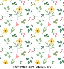 Spring colorful floral seamless pattern with cute meadow flowers. Isolated on white background.
