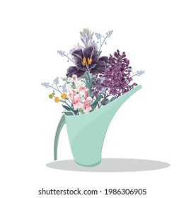 Spring colorful flower Bouquets in watering cans for your design. Flat style illustration for greeting and invitation cards, poster, banner, flyer, bag