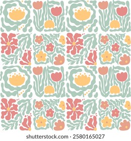 Spring colorful flower seamless pattern. Floral doodle shapes in trendy naive hippie 70s style. Groovy flowers for poster, card, wallpaper. Hand drawn illustration isolated on white background.