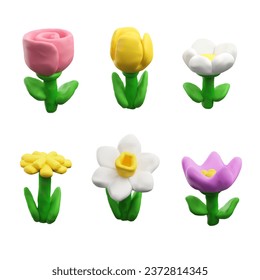 Spring colorful flowers 3d realistic render icons set, realistic vector illustration isolated on white background. Spring blooming flowers icons or symbols bundle.