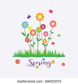 Spring colorful flowers growing with butterfly. Vector illustration on light gray background.