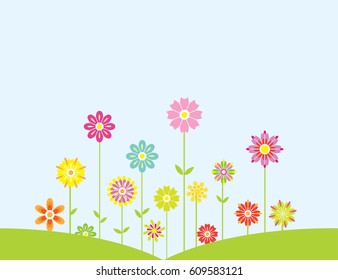 Spring colorful flowers growing illustration on blue background.