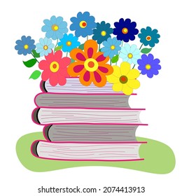 Spring colorful flowers on stack of books.  Vector stock, flat illustration. Colorful banners for advertising, announcements of new collection and sale. Flowers for congratulations.
