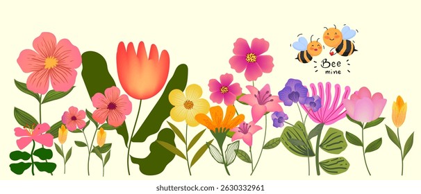 Spring colorful flowers and plants, floral wildflower, branch hand drawn vector illustration. Beautiful blossom for decor, easter, banner and prints.