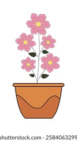 Spring colorful flowers in pot. Showcasing fall-inspired balcony decor against a simple white backdrop. Vector illustration.