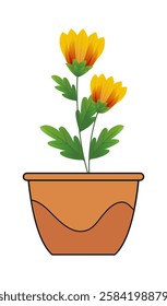 Spring colorful flowers in pot. Showcasing fall-inspired balcony decor against a simple white backdrop. Vector illustration.