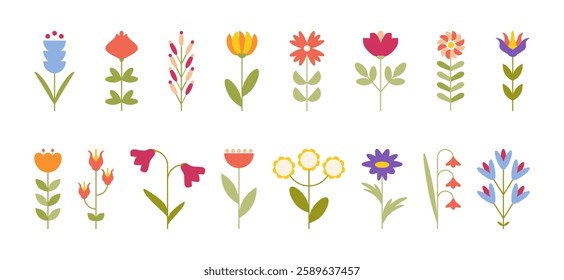 Spring colorful flowers set in flat style. Abstract floral geometric element for summer banner poster card. Minimalist icons blossom collection
