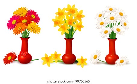 Spring colorful flowers in vases. Vector illustration.