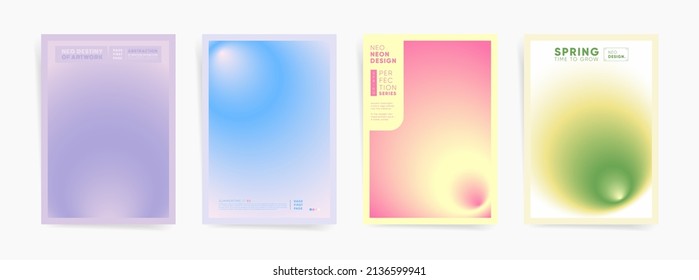 Spring colorful gradient blurred poster cover template design set for placard, event banner or business brochure.  Neo cyberpunk decorative bright flyer. Vector springtime space vivid set.	