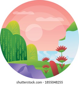 Spring Colorful Landscape concept, Flower, Moon and Meadow Vector Icon Design In Round