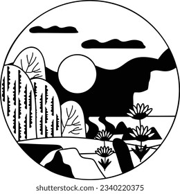 Spring Colorful Landscape concept, Flower, Moon and Meadow Vector Icon Design, natural scenery in circular sign, picturesque symbol, countryside terrain stock illustration