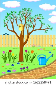
Spring colorful picture. Blooming tree in the garden with tulips and flowers. Birds flew into the birdhouse. Vector and illustration.