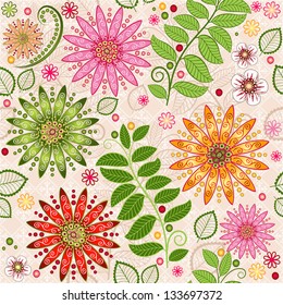 Spring colorful seamless floral pattern with vivid flowers (vector)