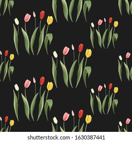 Spring colorful tulips seamless pattern. Floral black background print with blossom vector flowers. Simple digital watercolor drawing. Repeatable abstract illustration. Vintage graphic design.