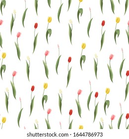 Spring colorful tulips seamless pattern. Floral background print with blossom vector flowers. Simple digital watercolor drawing. Repeatable abstract illustration. Vintage graphic design.
