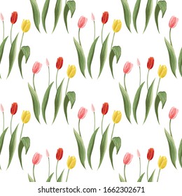 Spring colorful tulips seamless pattern. Floral background print with blossom vector flowers. Simple digital watercolor drawing. Repeatable abstract illustration. Vintage graphic design.