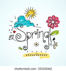 Spring, Colorful Vector Illustration based on Line Art and Doodle Pattern.