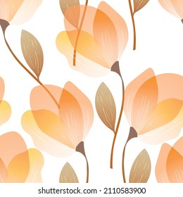 Spring colorful vector illustration with beige tulips. Cartoon style. Design for fabric, textile, paper. Holiday print for Easter, Birthday, 8 march. Flowers with leaves.