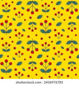 Spring colorful vector illustration with berries. Design for fabric, textile, paper. Holiday print for Easter, Birthday, 8 March. Flowers with leaves.