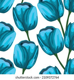 Ilustración vectorial colorida primavera con tulipanes azules. Estilo de caricatura. Diseño para tela, textil, papel. Impresión de vacaciones para Pascua, cumpleaños, 8 de marzo. Flores con hojas.