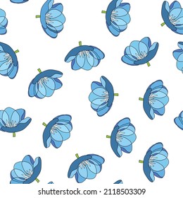 Spring colorful vector illustration with blue tulips. Cartoon style. Design for fabric, textile, paper. Holiday print for Easter, Birthday, 8 March. Flowers with leaves.